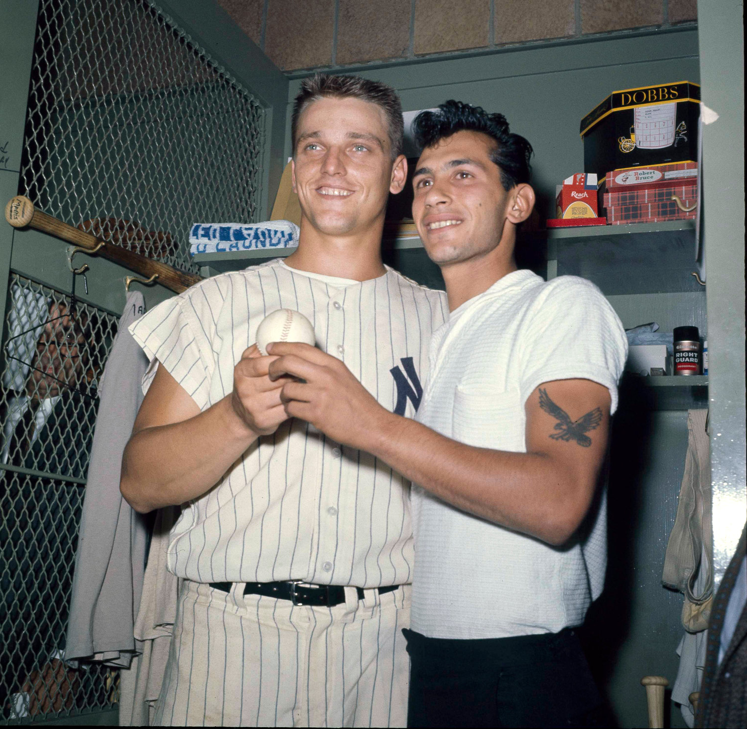 New York Yankees slugger Roger Maris poses with fan Sal Durante in the locker room at Yankee Stadium, Oct. 1, 1961, after hitting his 61st home run of the season. Durante caught Maris’ fourth inning home run into the right field seats as Maris broke Babe Ruth’s single-season home run record. If Aaron Judge passes Roger Maris, some lucky fan might become this generation’s Sal Durante.