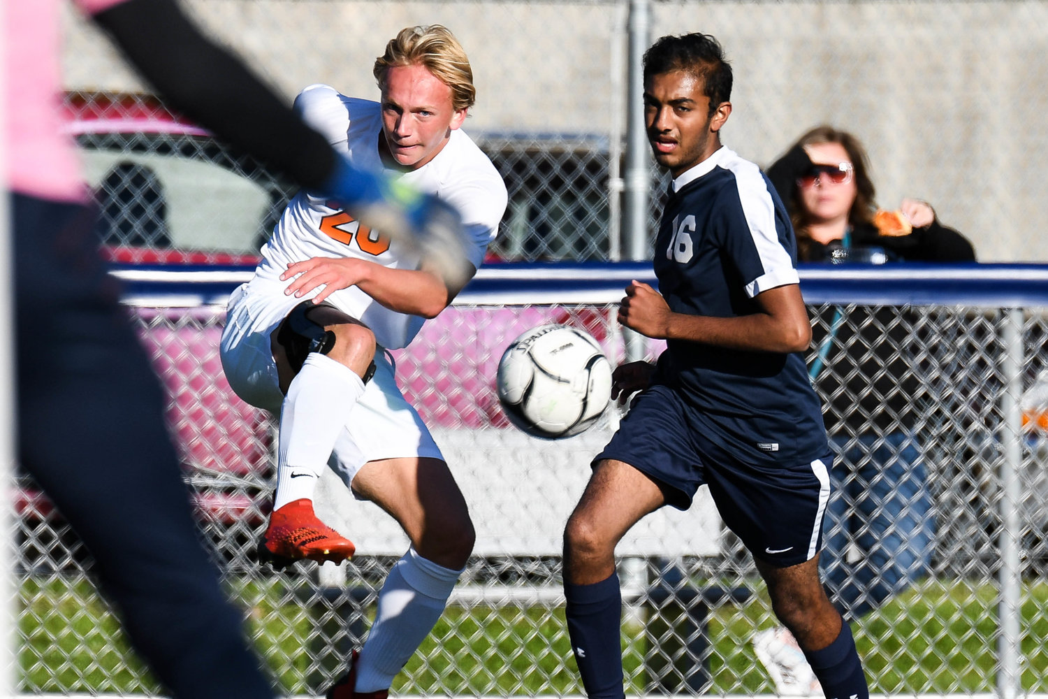 Rome Free Academy player Paul Zimmerman, left, kicks the ball toward the the net as Central Valley Academy's Om Patel defends during the game on Thursday in Ilion. RFA won 2-0 and Zimmerman contributed an assist.