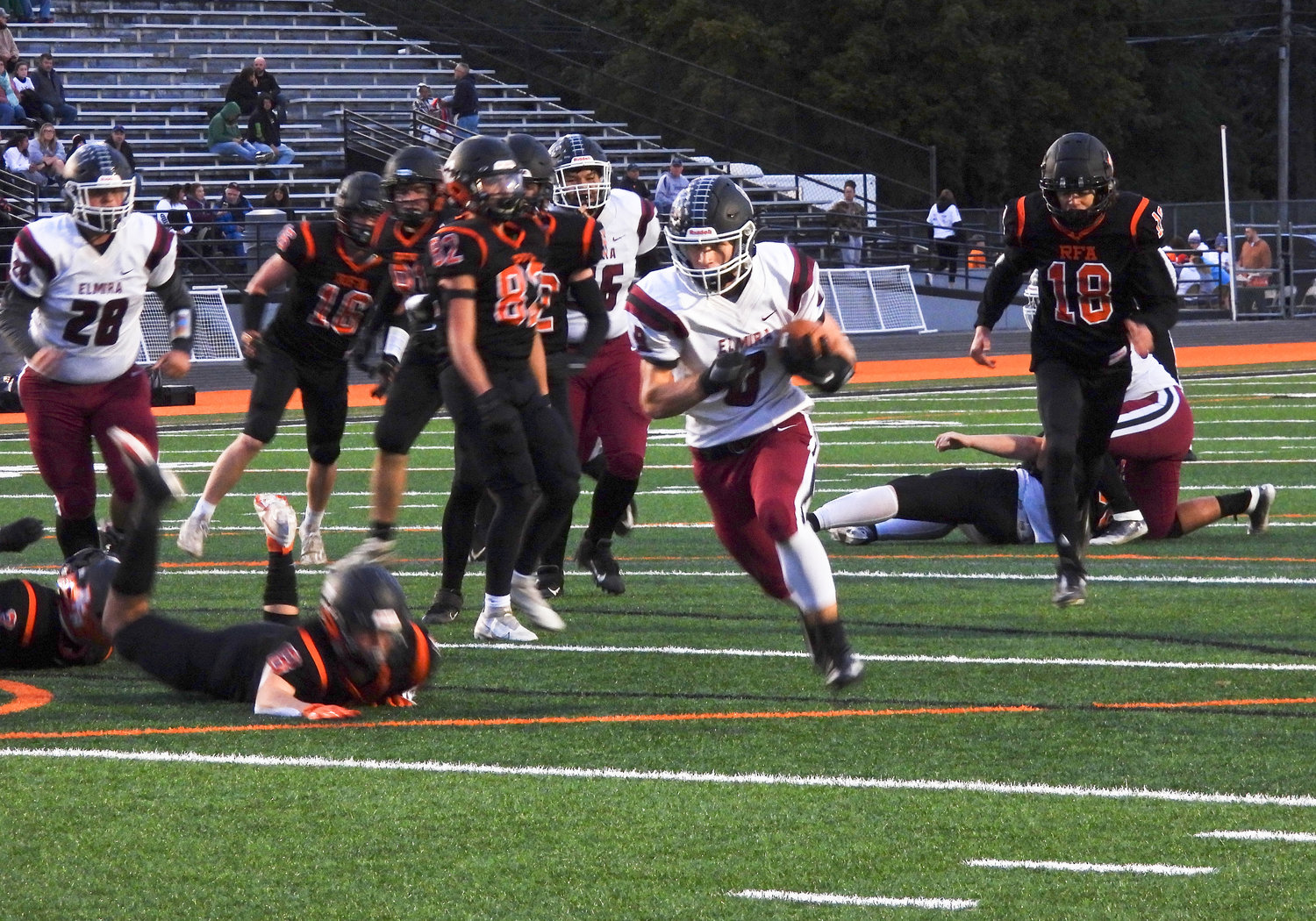 Elmira running back Brady Keefe heads for the end zone in the first half of the team's 62-28 win at RFA Stadium Friday night. Keefe ran wild in the game, going for 173 yards and scoring three times.