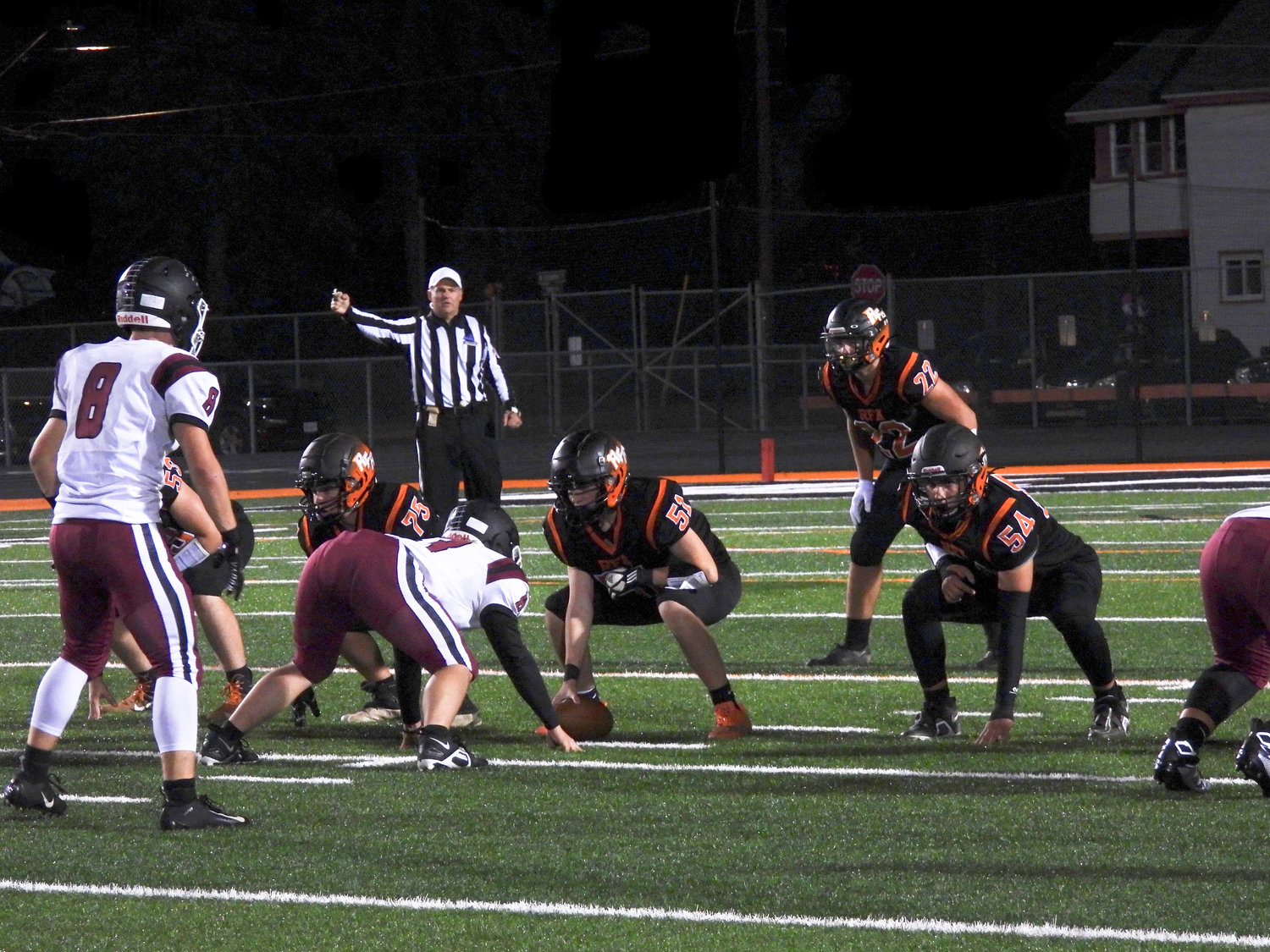 The Rome Free Academy offense lines up against Elmira Friday night at RFA Stadium. The Black Knights lost 62-28.
