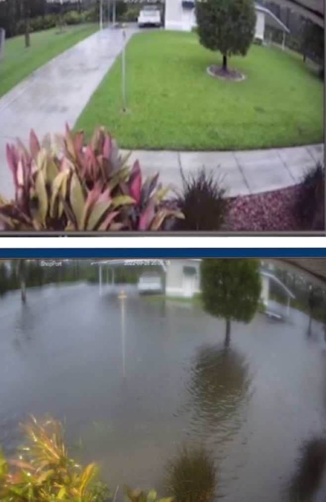 Pictured is security camera footage from Megan Arpasi's Fort Myers area neighborhood showing the same area just prior to Hurricane Ian's landfall, and the same area once the storm was fully underway.