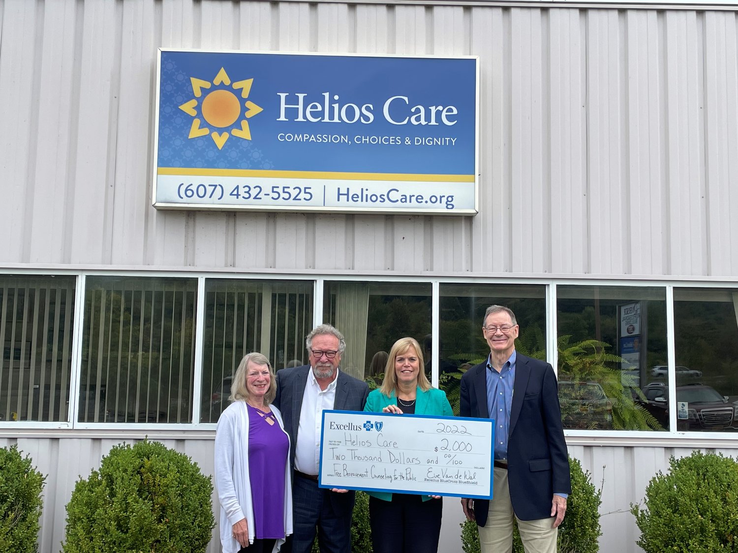 Excellus BlueCross BlueShield recently awarded Helios Care a Community Health Award of $2,000 to support free bereavement counseling for the public. Gathered for the awards presentation are, from left: Connie Jastremski, Helios Care board director; Jeffrey Woepel, Helios Care board of directors chair; Eve Van de Was, Excellus BCBS regional president; and Dan Ayres, Helios Care president/CEO.