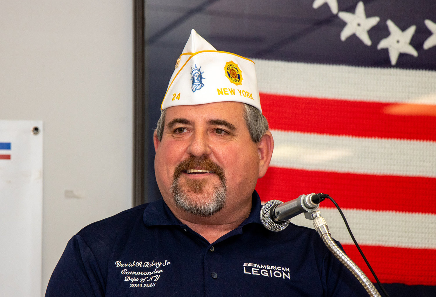 State American Legion Commander David R. Riley Sr. speaks during a visit on Sunday to a countywide audience at Oriskany Post 1448, 101 Park Ave.