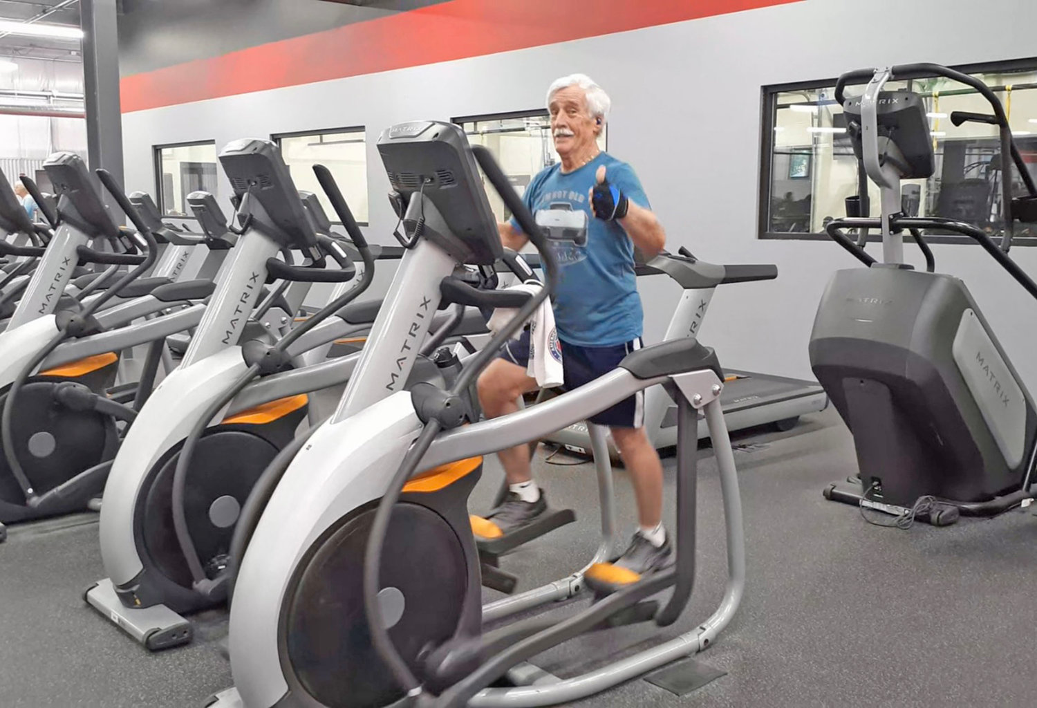 Grandmaster Clifford Crandall has fun on the elliptical machine at his local gym, a good cardio workout.