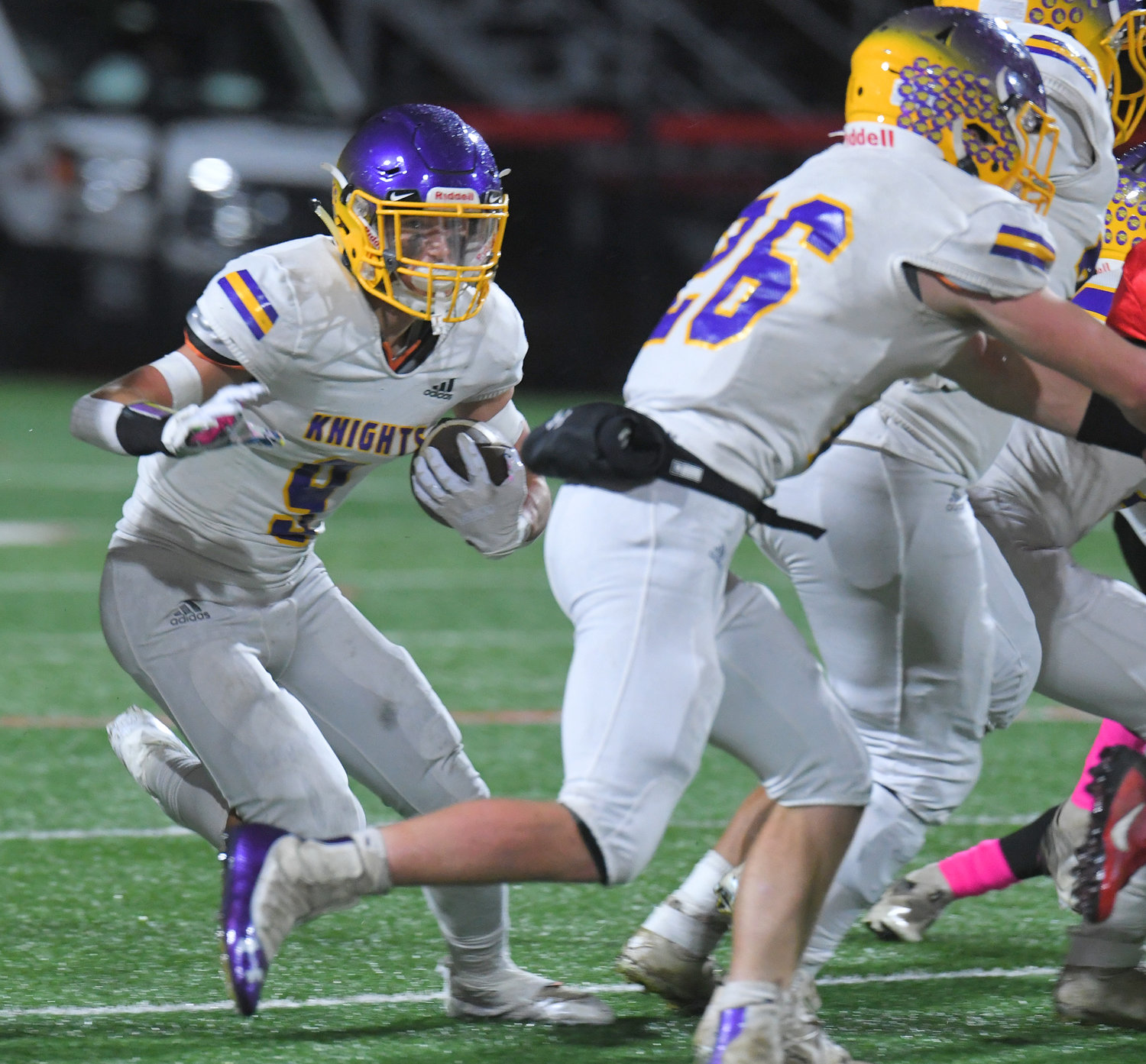 Holland Patent junior running back Nick Acevedo cuts back with senior Jordan Koenig clearing a path in front of him Friday night in a 14-6 road win against Vernon-Verona-Sherrill. Acevedo ran for 71 yards on the night and Koenig had 106.