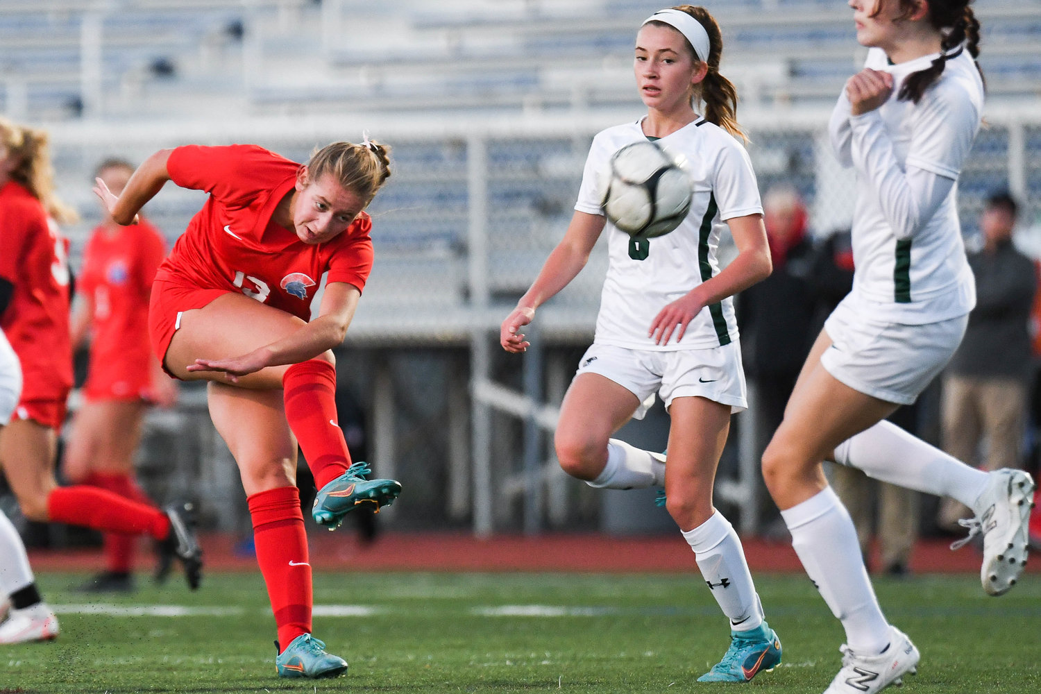 New Hartford’s Willa Pratt fires a shot toward goal against Fayetteville-Manlius on Monday night in New Hartford. Pratt scored and had two assists in the Spartans’ 4-0 non-league win. The victory pushed the defending Class A state champion’s unbeaten streak to 51 games.