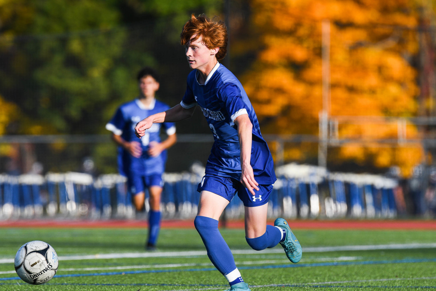 Whitesboro’s Joshua Gorgas moves the ball up the field during the game against Rome Free Academy on Monday, Oct. 11 in Whitesboro. Gorgas had the assist on the Warriors’ lone goal but the hosts lost 3-1.