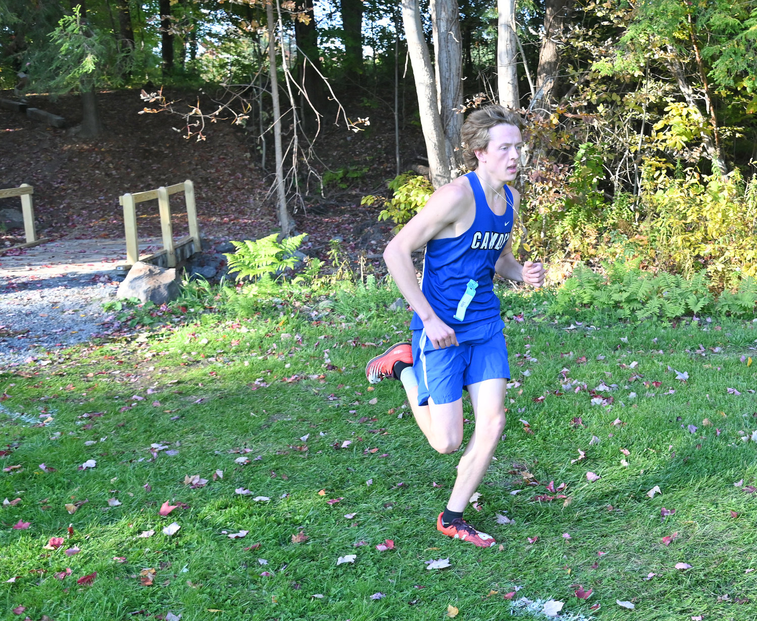 Camden cross country runner Jerome Seidl leads the varsity race at Rome Free Academy Tuesday. Seidl went on to get the win the race.