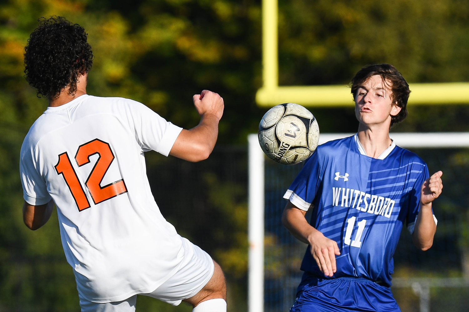 Rome Free Academy's Matthew McCormick, left, and Whitesboro's Daschel Smith both attempt to settle a loose ball in Tuesday's Tri-Valley League contest on Monday, Oct. 11 in Whitesboro. RFA won 3-1.