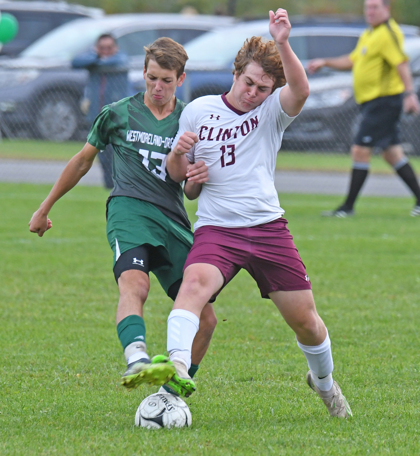 Westmoreland/Oriskany's Tyler Szarek, left, and Clinton's Alec Emery arrive at the ball at the same time in the first half Wednesday at Westmoreland. The hosts won 2-1, clinching the Center State Conference Division I regular season title.