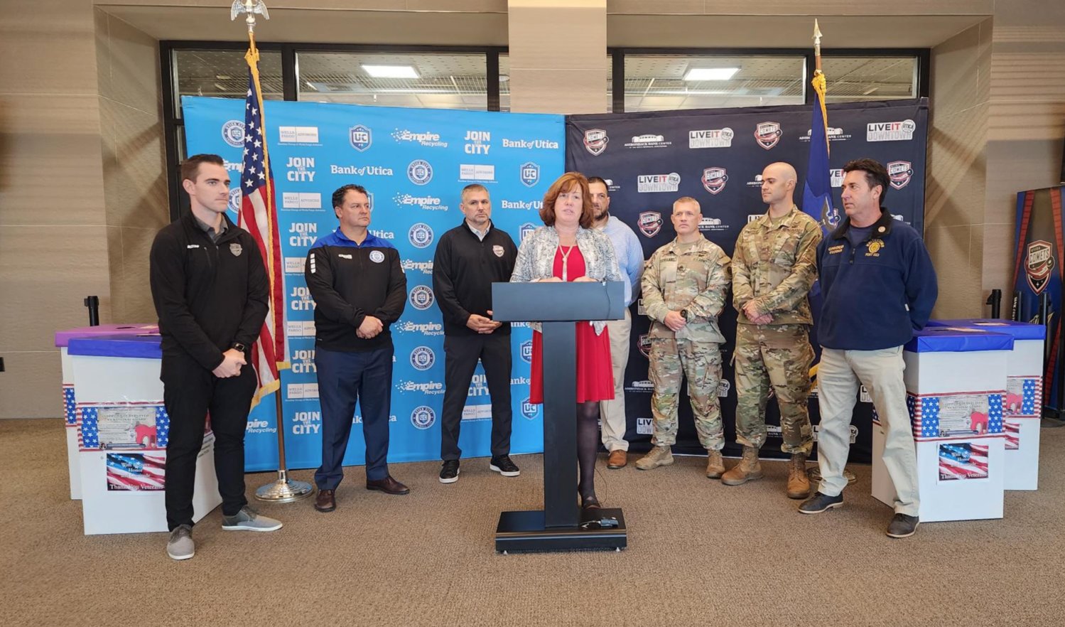 Assemblywoman Marianne Buttenschon, D-119, Marcy, along with several partnering organizations outlines an effort to assist members of the New York National Guard who will be stationed overseas during the holiday season during a press conference on Thursday.