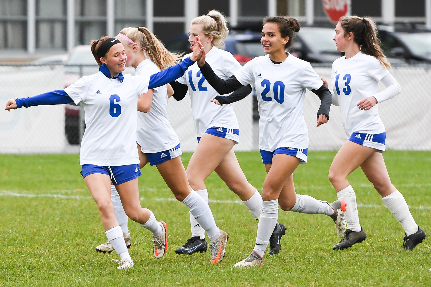 Dolgeville players celebrate a first half goal against Westmoreland on Tuesday in the opening round of the Section III Class C playoffs. Jakyra Miller (20) scored on an assist from Ally Comstock to take the lead. The goal was enough for the Blue Devils, who won 1-0 to advance. Among the players celebrating with her are Sidney Gillogly, Gianna Lyon and Reece Lamphere.
