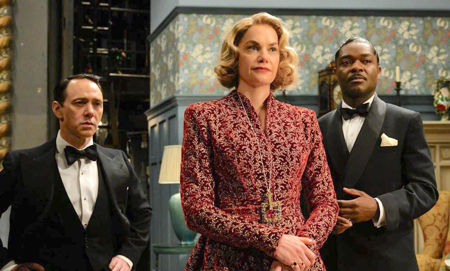 From left, Reece Shearsmith, Ruth Wilson and David Oyelowo in a scene from “See How They Run.”
