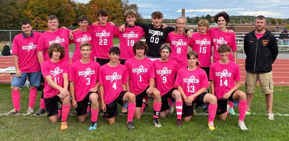 In honor of Breast Cancer Awareness Month, the soccer teams at Remsen Central School kicked off its Pink Out soccer games against breast cancer at their games starting Oct. 4. Between shirt sales and a 50/50, the teams raised over $1,000 to donate to the Susan G. Komen  Breast Cancer Foundation, and their donation will be quadrupled. Pictured above are members of the boys varsity soccer team, from left: In front, Hayden White, Grady Helmer, Ean Piaschyk, Matthew Murphy, Colby Aiello, Kyrian Hall, and Ben Becker. In back, Alex Carnright, Casey Gates, Brian Secor, Jaden Prosser, Dylan Jones, Owen Long, Tucker Hollenbeck, Zach Helmer, Taylor Hollenbeck, and Coach Sean Hamlin.
