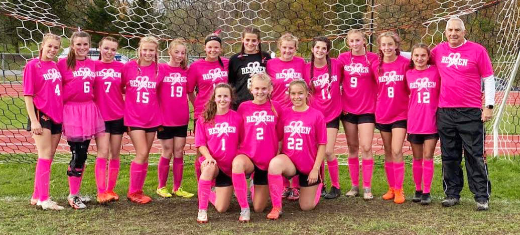 The Remsen Central School girls varsity soccer team adorned in pink for their Pink Out soccer game. Pictured from left are: In front, Grace Shufelt, Julia Dening, and Grace Hajdasz. In back, Morgan Horn, Emily Shufelt, Jaydin Corn, Regan Meeker, Mikayla Wilcox, Isabella Lalyer, Imagin Aiken, Taylor Murphy, Gabrielle Gengler, Jaiden Maher, Ella Lafave, Marissa Karis, and Coach Jim Wilder (See photos of the modified teams in next week’s Boonville Herald.)