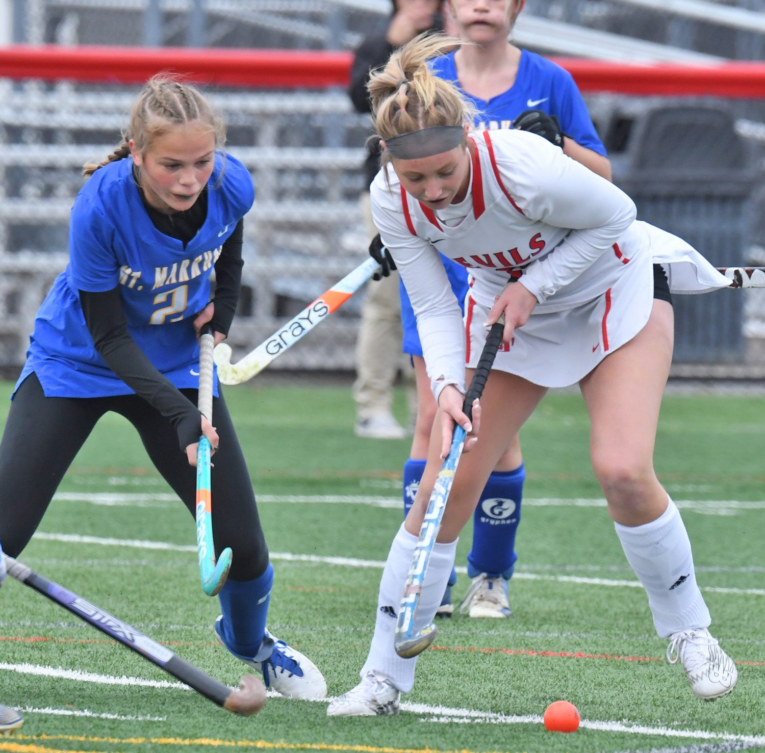 Vernon-Verona-Sherrill's Carmella Garcia, right, controls the ball in front of Mount Markham's Haley Otis in the first quarter of the teams' Section III Class C quarterfinal game in VVS. Garcia scored two first half goals and the Red Devils won 3-0. Details were not available at press time.