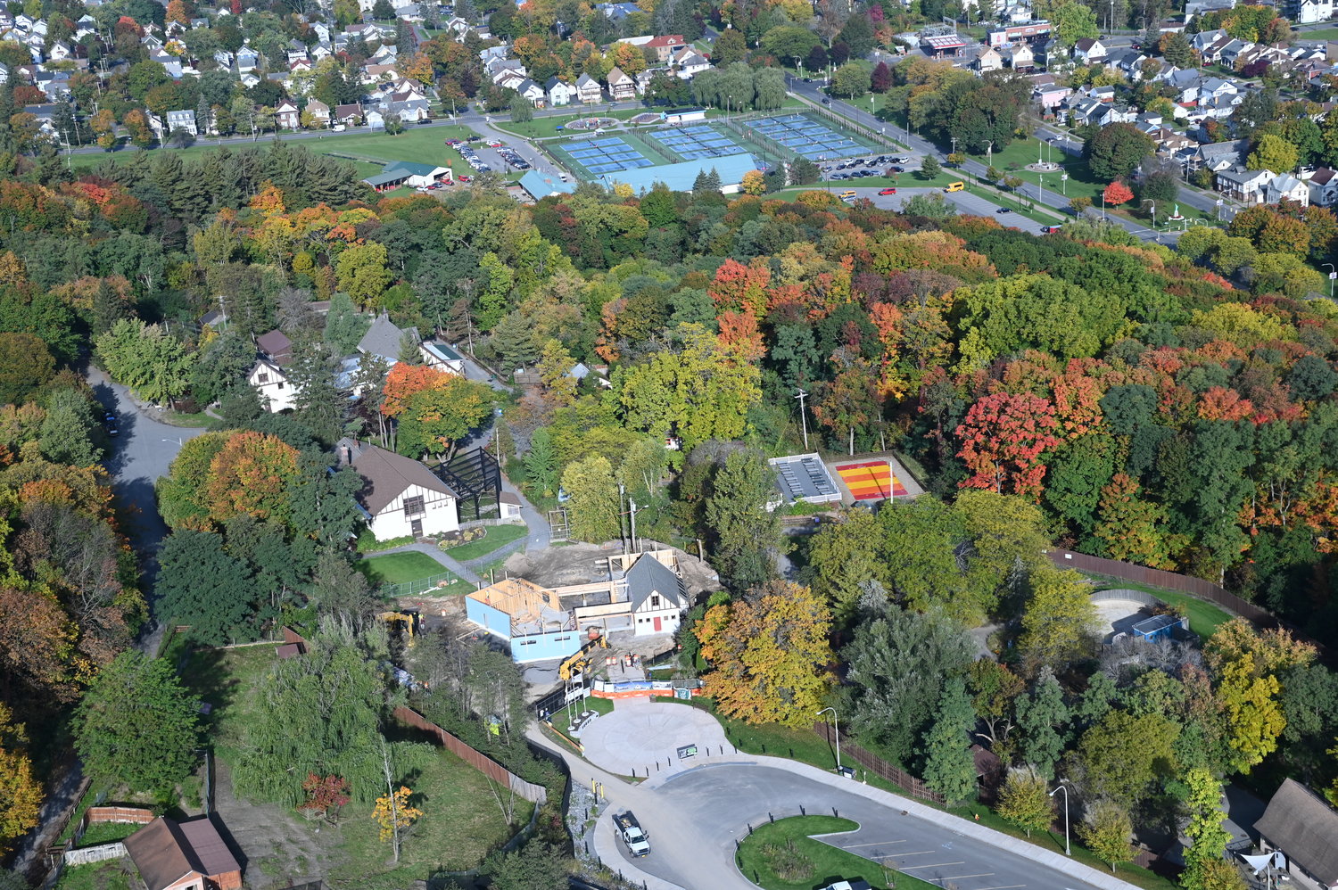 Construction of the new entrance building at the Utica Zoo is shown in the foreground in this aerial shot from Wednesday, Oct. 12. Zoo officials expect a completion date in early 2023.