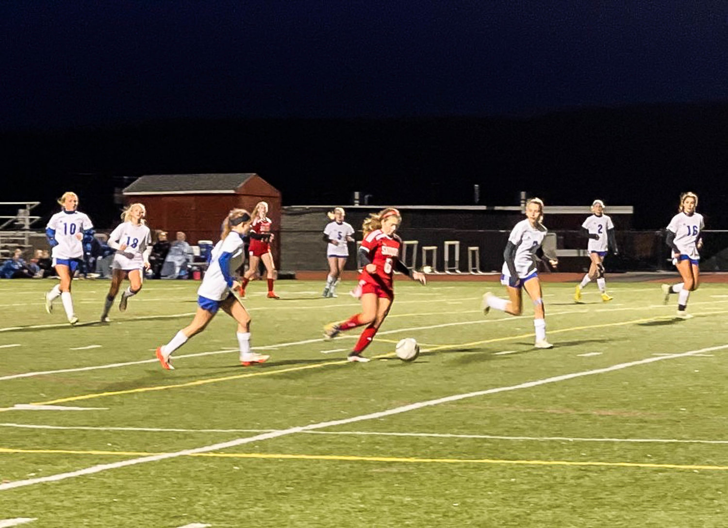 Sauquoit Valley’s Kaitlyn Corr dribbles through the Dolgeville defense Thursday in the team’s 4-1 win. She scored a goal and had an assist. Sauquoit is the three seed in the Section III Class C playoffs and will take on undefeated second seed Beaver River Tuesday in the semifinals.