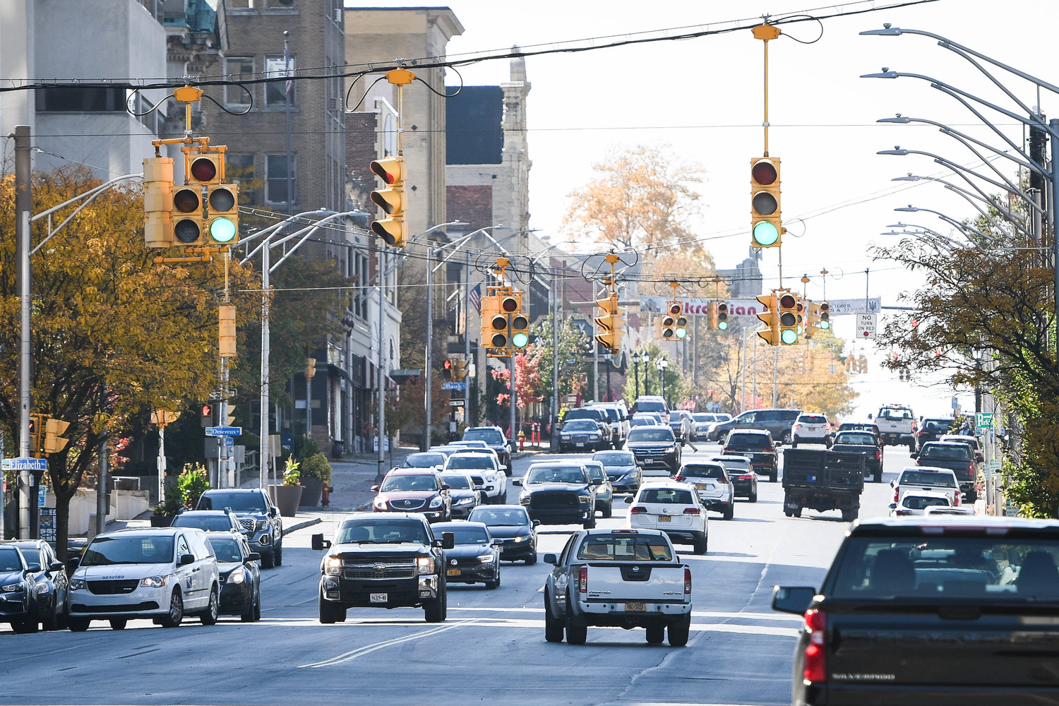 Traffic makes its way down Genesee Street on Friday, Oct. 21 in Utica. On Saturday, Genesee Street, from Oriskany Street to Cottage Place, will decrease from four lanes to three. The street will be comprised of one northbound lane, one southbound lane and a turning lane in the middle.