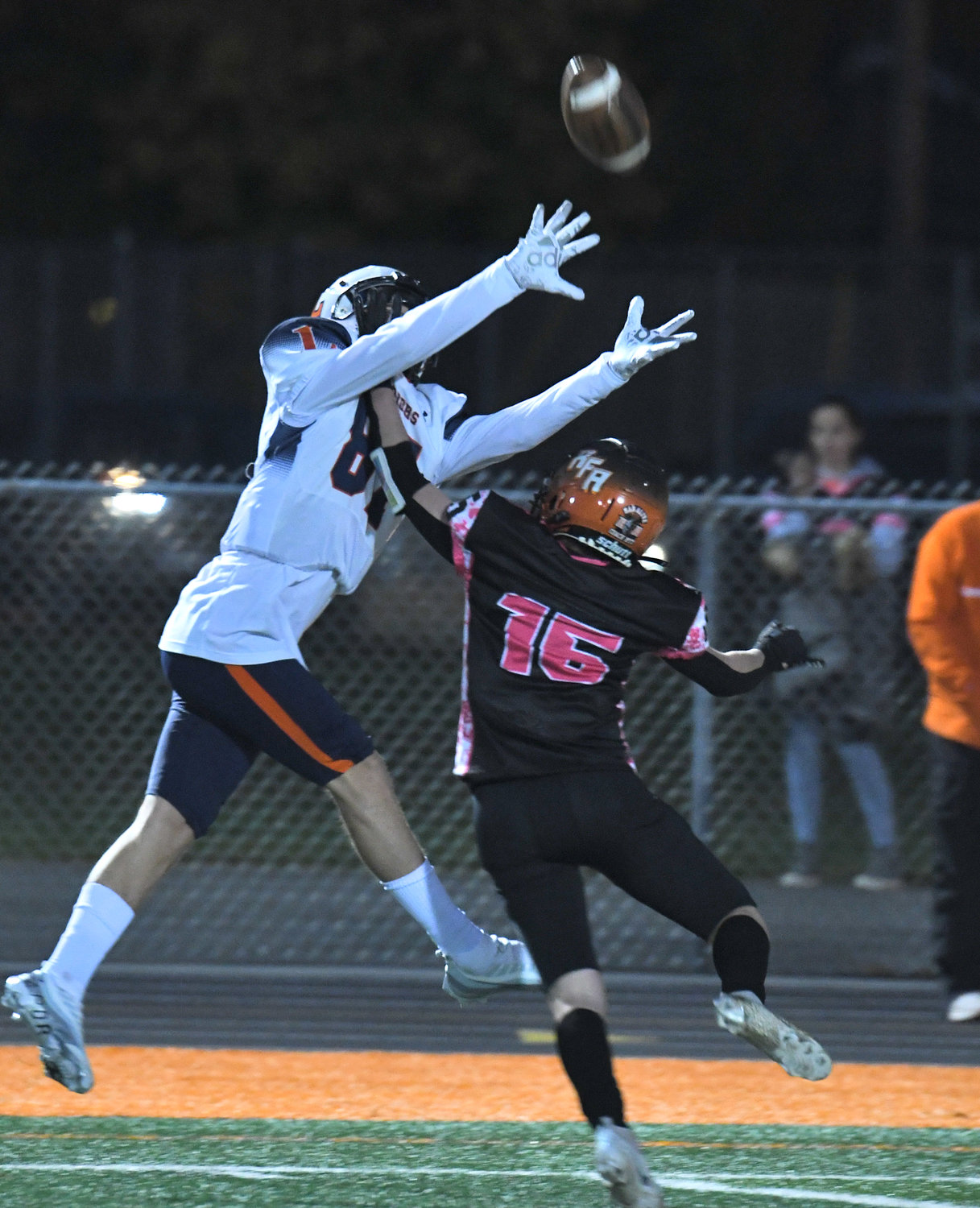 RFA sophomore Karen Patnode breaks up a pass to a Liverpool receiver in the first quarter Friday night at RFA Stadium.
