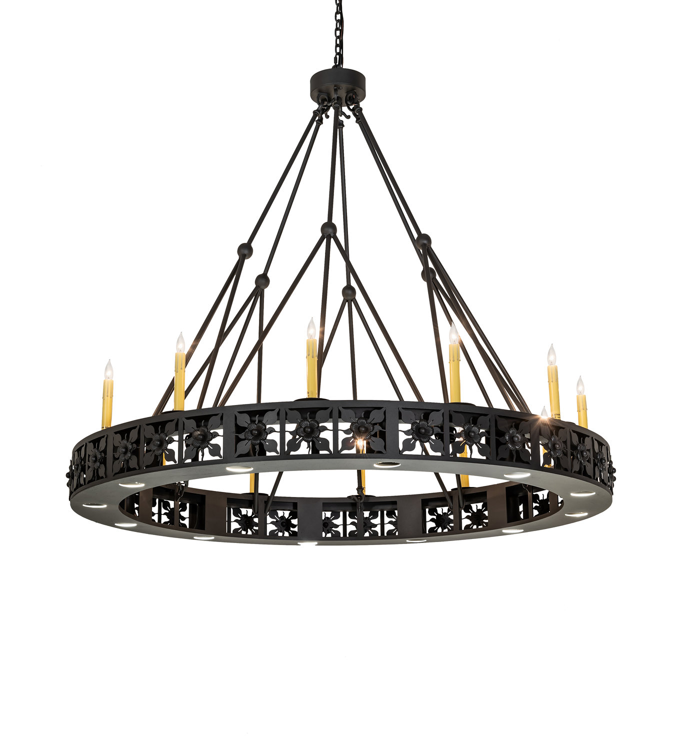 The Belmont Chapel Chandelier, a new product of Meyda Lighting, 55 Oriskany Blvd. in Yorkville, features delicate floral and leaf designs.