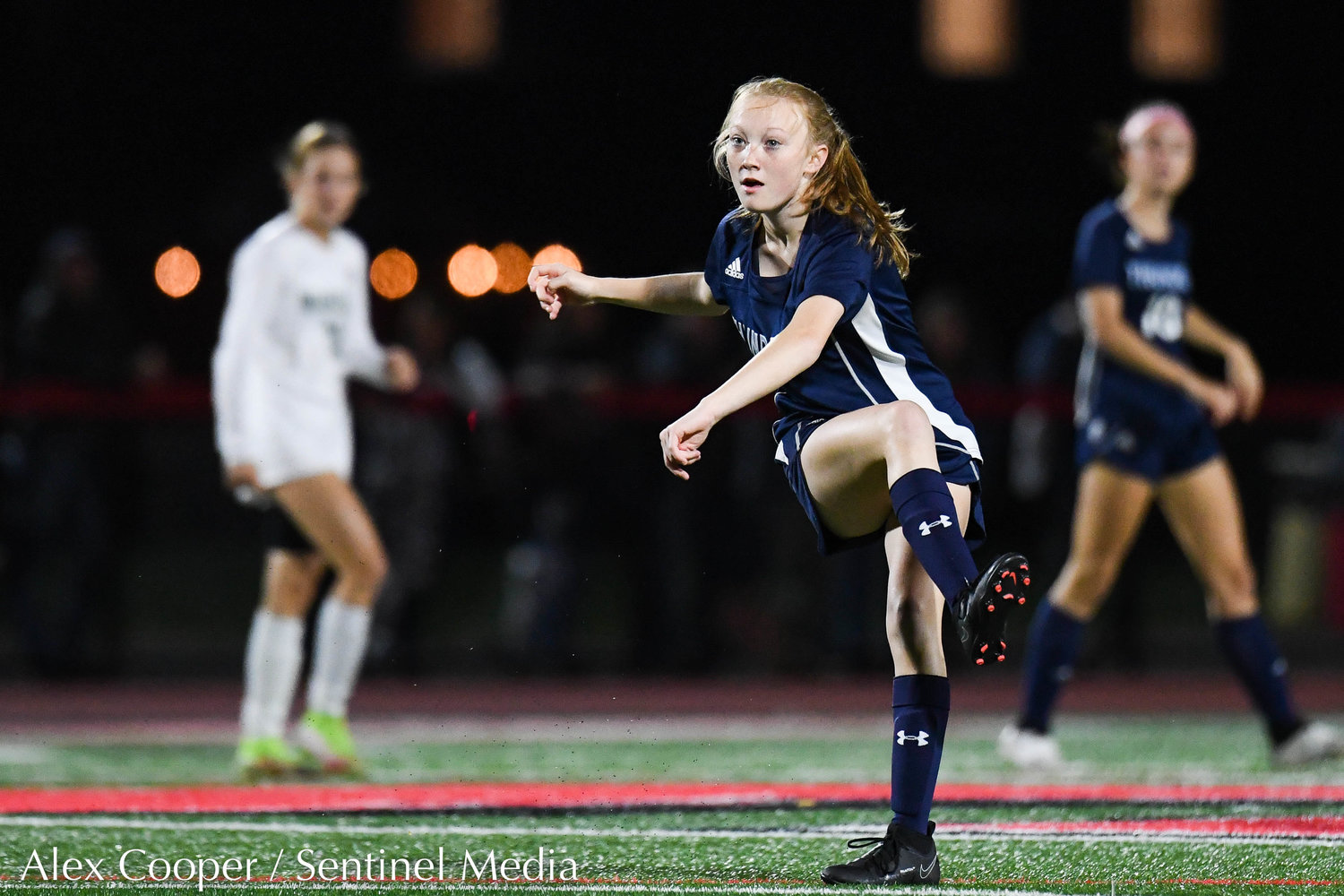 Central Valley Academy player Jenna Johnson clears the ball during the Class B girls soccer semifinals game against Marcellus on Wednesday, Oct. 26 at Chittenango High School. CVA won 2-0.