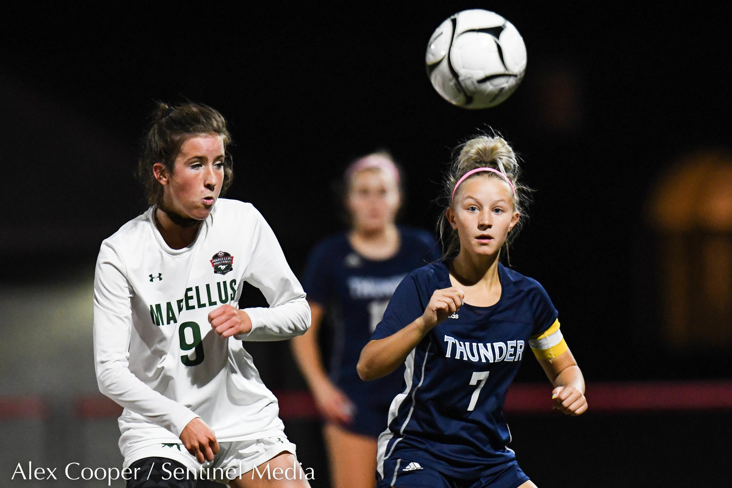 Central Valley Academy player Mallory Mower (7) attempts to settle the ball with Marcellus player Claire Card (9) during the Class B girls soccer semifinals game on Wednesday, Oct. 26 at Chittenango High School. CVA won 2-0.