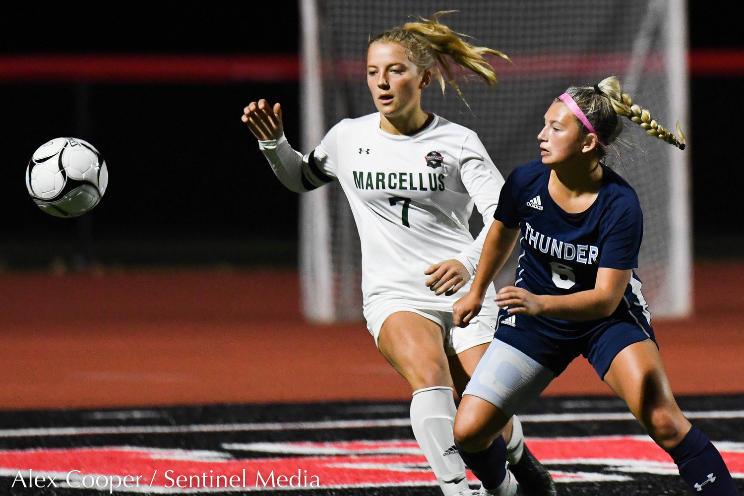 Central Valley Academy player Bella Kleban (6) fights for control of the ball with Marcellus player Rosa Stasyuk (7) during the Class B girls soccer semifinals game on Wednesday, Oct. 26 at Chittenango High School. CVA won 2-0.