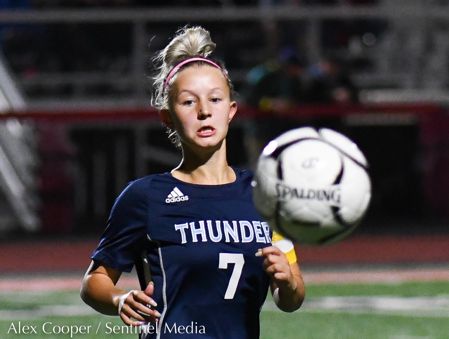 Central Valley Academy player Mallory Mower (7) watches a ball sail out of bounds during the Class B girls soccer semifinals game against Marcellus on Wednesday, Oct. 26 at Chittenango High School. CVA won 2-0.