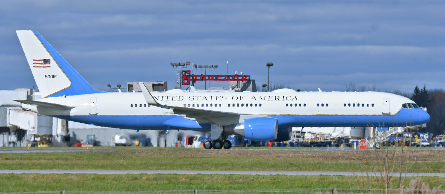 TOUCH DOWN — Air Force One — with President Joseph Biden aboard — taxis after it landed at 2:05 p.m. at Hancock International Airport on Thursday, Oct. 27. From the airport, Biden traveled to Onondaga Community College via motorcade, where he was to speak about Micron Technology’s planned $100 billion chip fab plant in the region.  Micron officials have said that the federal and state incentives were instrumental in its decision to locate a facility in New York.