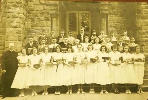 These eighth-grade students at St. Patrick’s School graduated and readied themselves for high school in 1949. From left, in the first row are: Rev. Thomas Quinn, church pastor; Rose Marie (Carmola) Boehlert, Phyliss (DeFrees) Thurston, Barbara Lorenz, Joan (Kiner) Taylor, Rosemary (Carhart) Keenan, Catherine (Carney) Poulsen, Mary Jane Craig, Marion (Myles) Carnevale, Pauline (Perretta) Kline, Theresa (Kraft) Tarry, and Sheila (VanStrander) Clark. In the second row, from left, are: Anthony Lumbrazo, Richard Hughes, John Malone, Richard Seeber, Kathleen Dowling, Mary Butler, Anna (Rice) DiMaggio, Richard Deveans, John La Mothe and John Bayliss. In the third row, from left, are: Armand La Plante, Frank Szlachtowki, Ronald Durkee, James Nixdorf, Martin Angelino, Robert Clute, Peter Palamara, John Graves, Carl Origlio and David Maley. The photograph and information were originally supplied in June 1984 by Ronald Durkee.