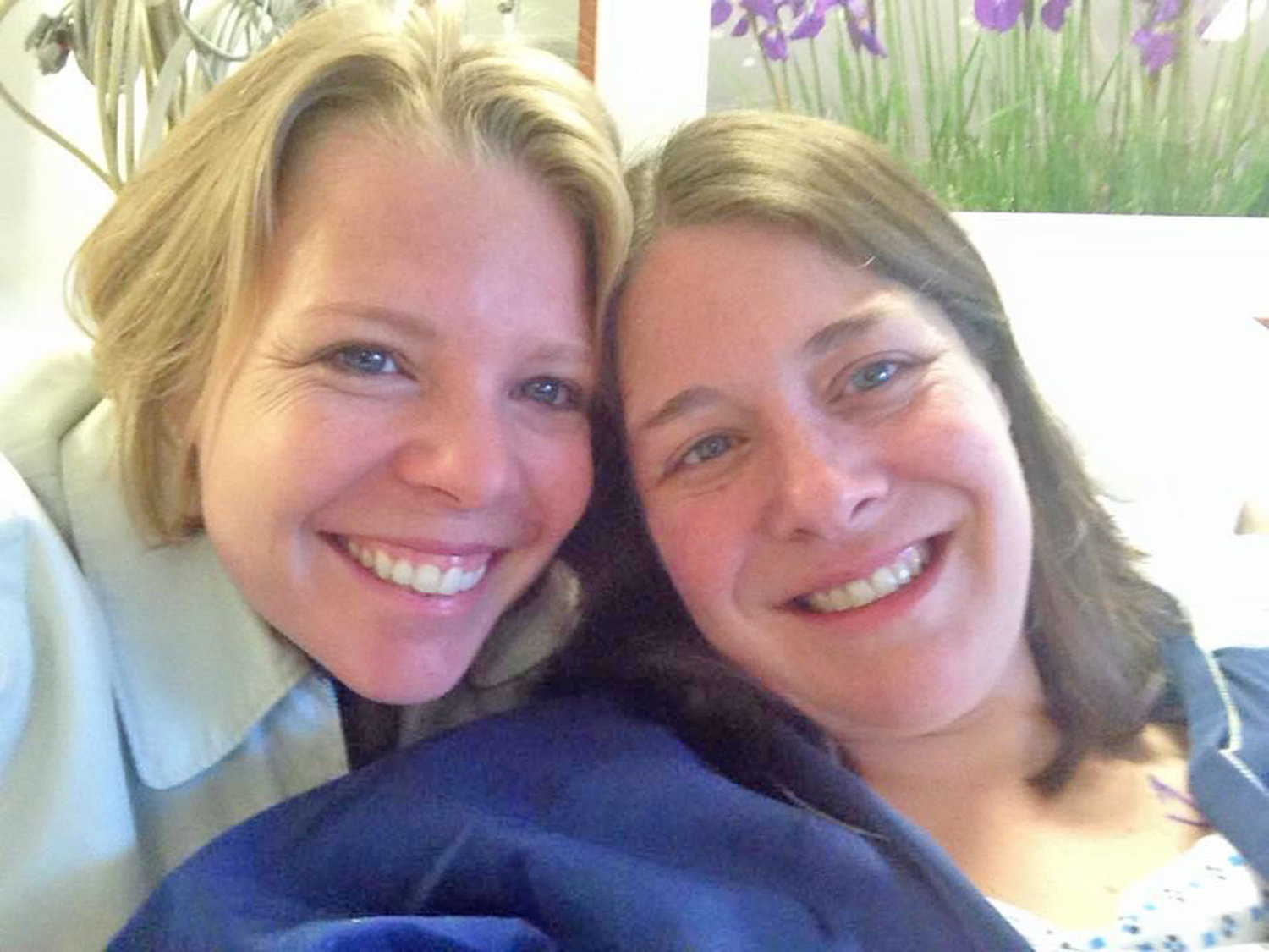 Holly Powers and Dawn Cooley moments before surgery at Memorial Sloan Kettering Cancer Center in New York City. Powers traveled from Virginia, to support her sister on the day of surgery.
