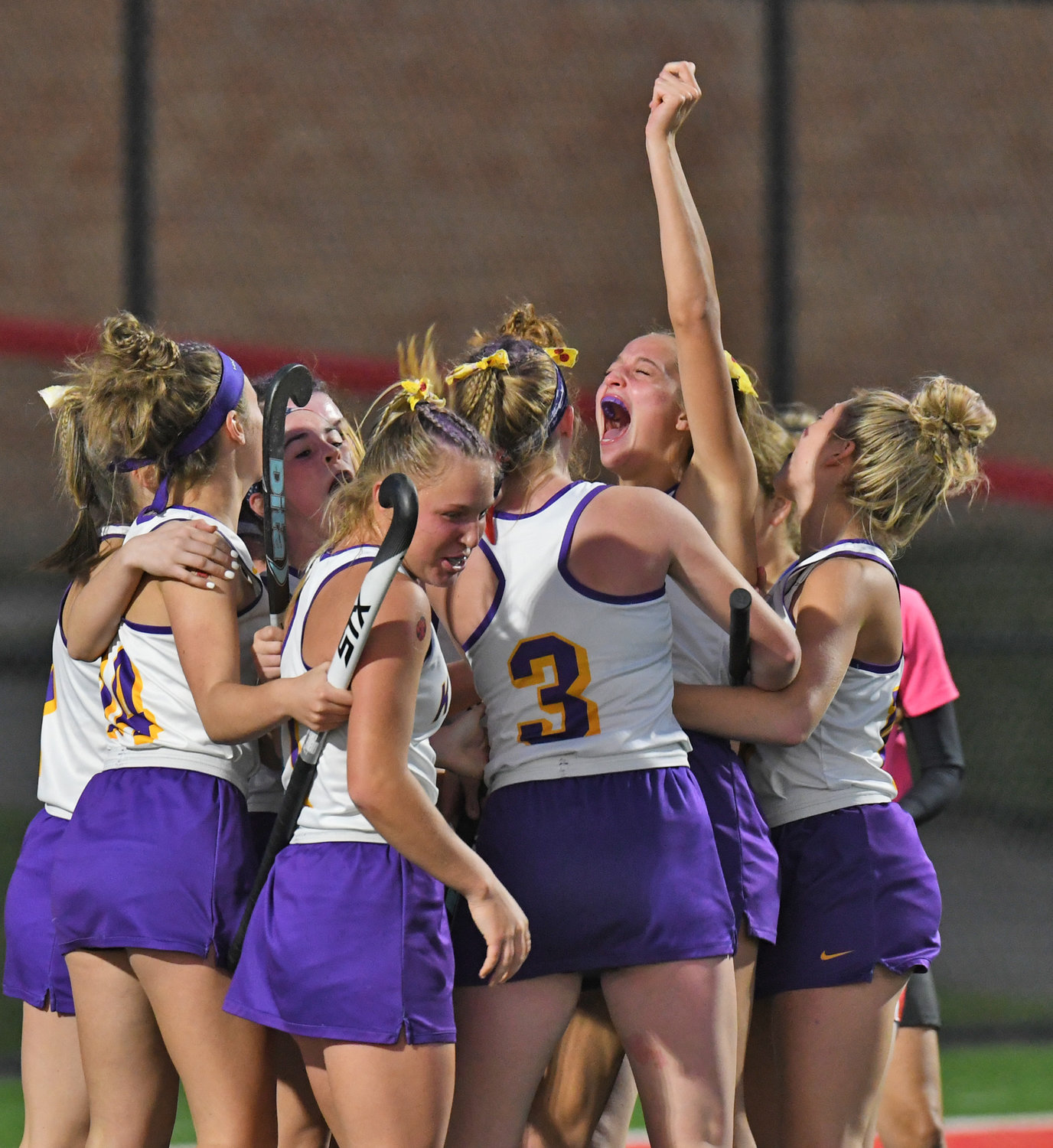 The Holland Patent field hockey team celebrates their goal late in the 4th quarter against New Hartford to win the Class B Section III championship Sunday night at Vernon-Verona-Sherrill High School. It was the fifth consecutive Section III title for Holland Patent.