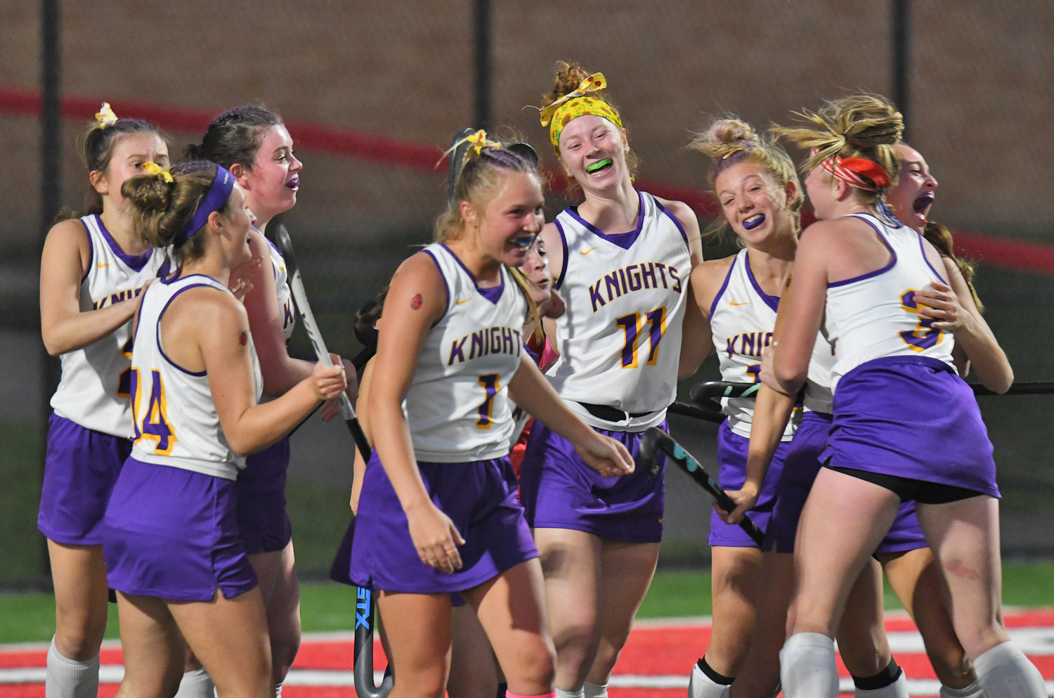 The Holland Patent field hockey team celebrates late in the fourth quarter against New Hartford. Holland Patent won the Section III Class B championship Sunday at at Vernon-Verona-Sherrill High School.