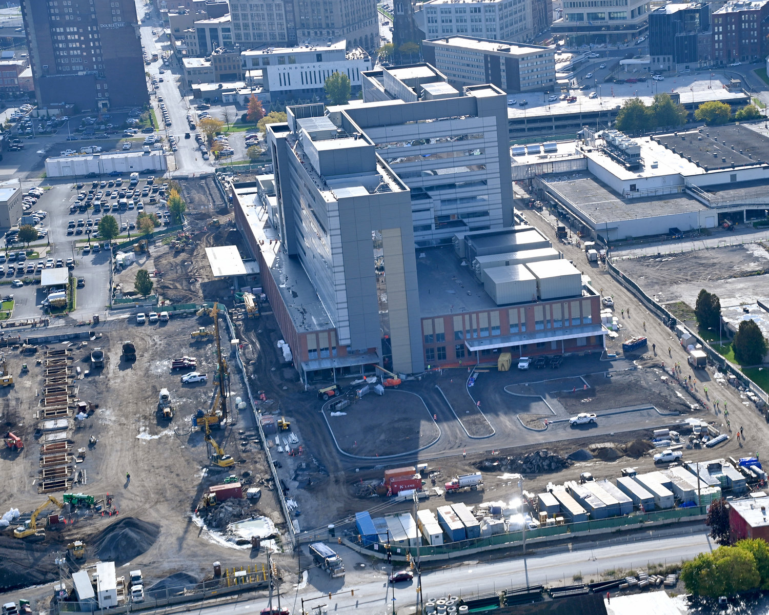 Downtown Utica: Under construction Wynn Hospital, Nexus Center and the Adirondack Bank Center at the Utica Memorial Auditorium
