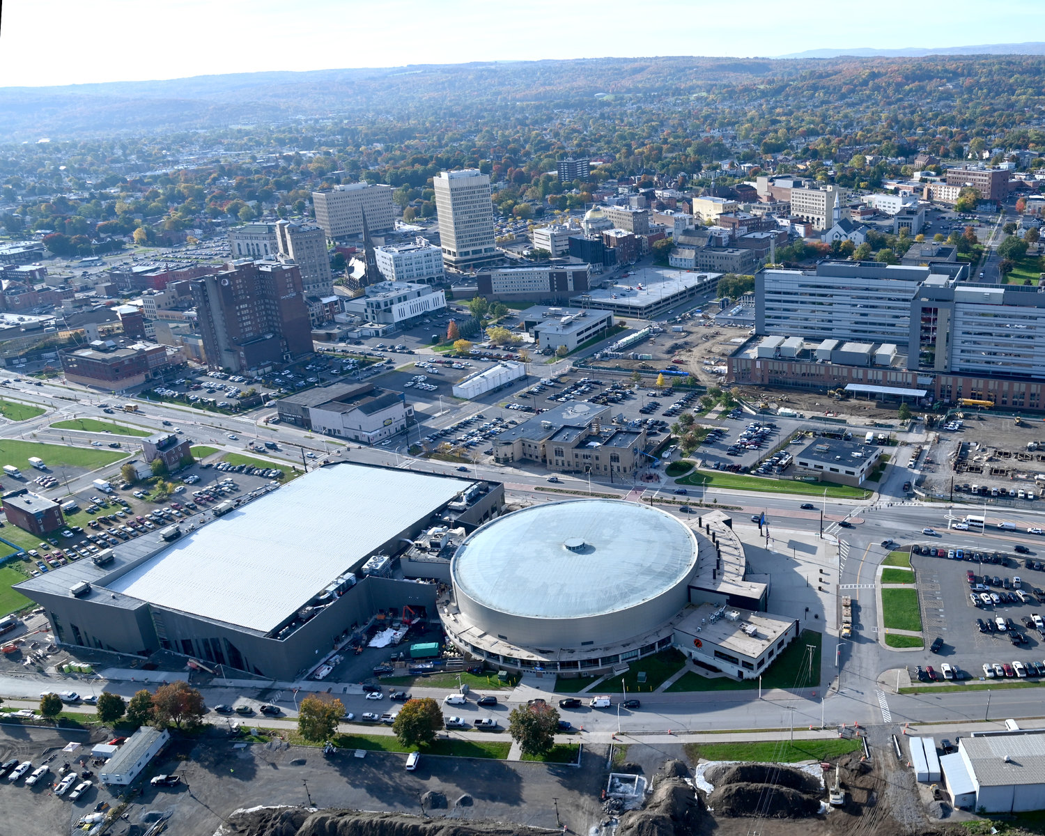 Downtown Utica: Under construction Wynn Hospital, Nexus Center and the Adirondack Bank Center at the Utica Memorial Auditorium