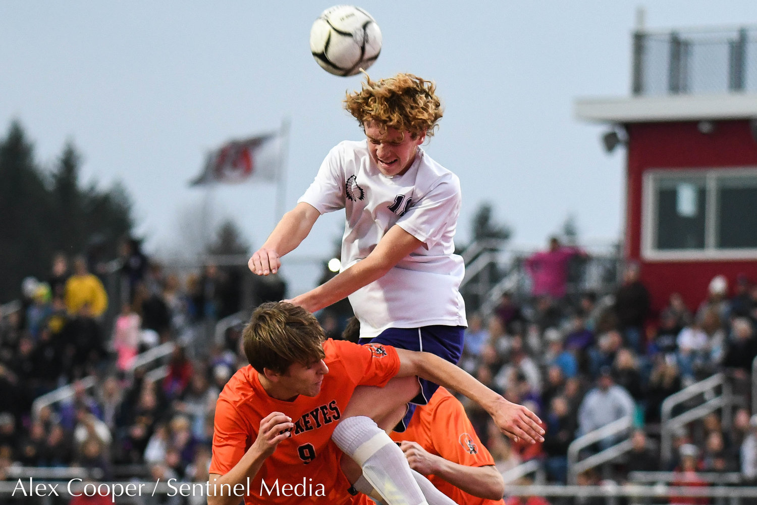 Waterville player Logan Baker (18) heads the ball on top of Cooperstown player Oliver Wasson (9) during the Section III Class C final on Tuesday, Nov. 1 at VVS High School. Cooperstown won 1-0 in overtime.