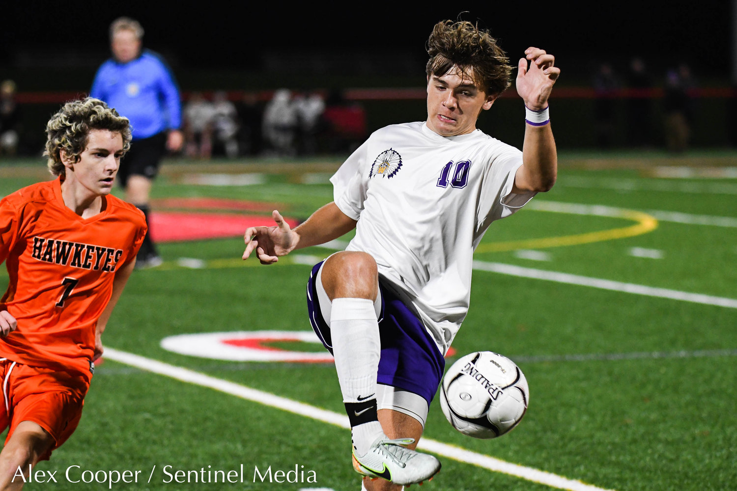 Waterville player Connor Stanton (10) settles a loose ball as Cooperstown player Cooper Bradly (7) defends during the Section III Class C final on Tuesday, Nov. 1 at VVS High School. Cooperstown won 1-0 in overtime.