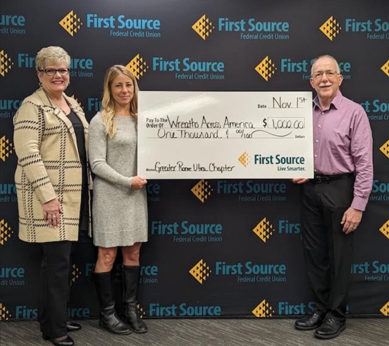 First Source Federal Credit Union is among sponsors of the local Wreaths Across America program, donating $1,000 to ensure that the area’s deceased veterans are remembered during the holidays. From left, Mariann Munson and Pam Way, First Source community relations representatives, present a check to Greg Bertolini, Greater Rome-Utica Chapter, Military Officers Association of America president.