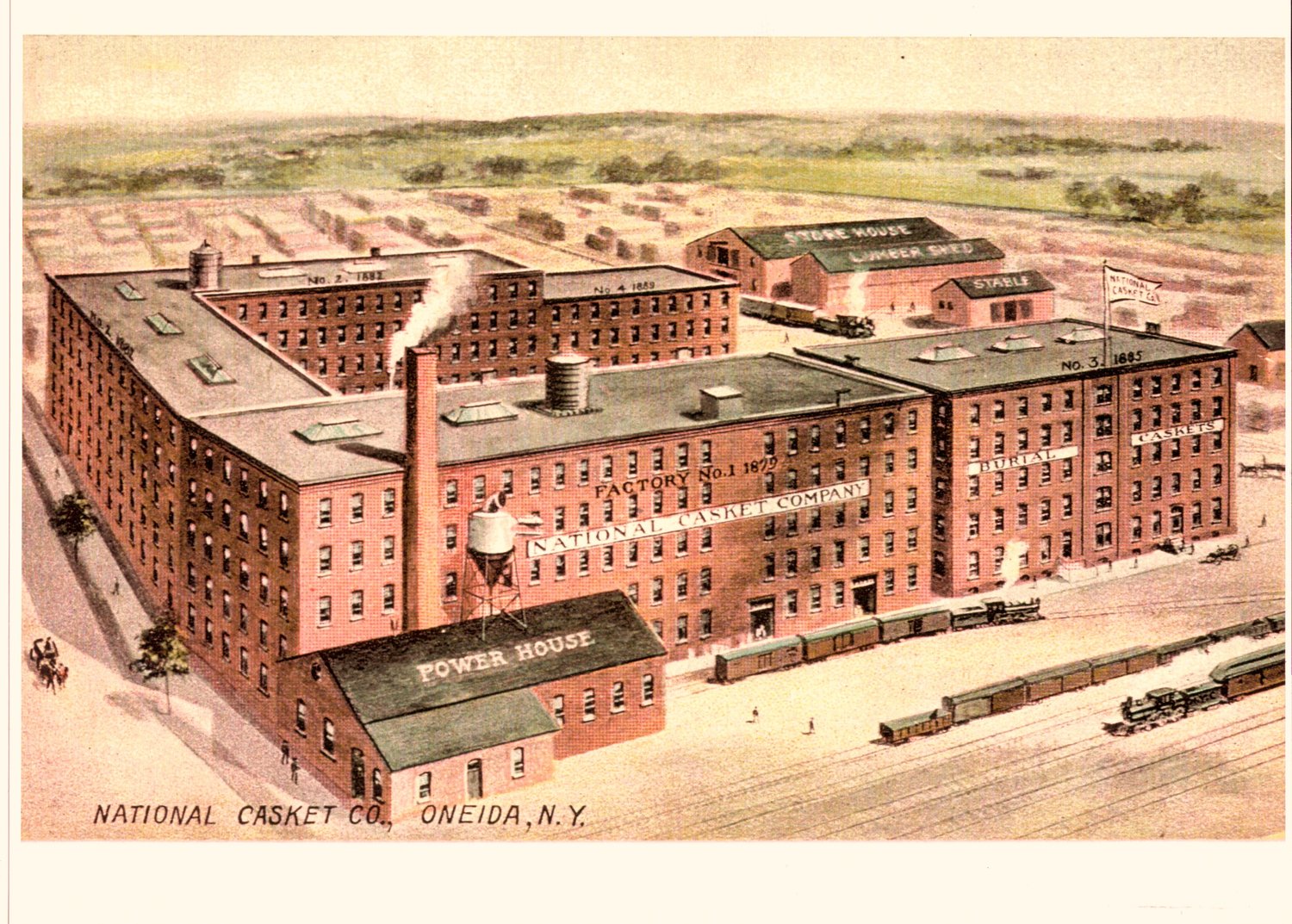 An old postcard depicts the National Casket Company factory in Oneida, once one of the premier companies of its kind in the United States.