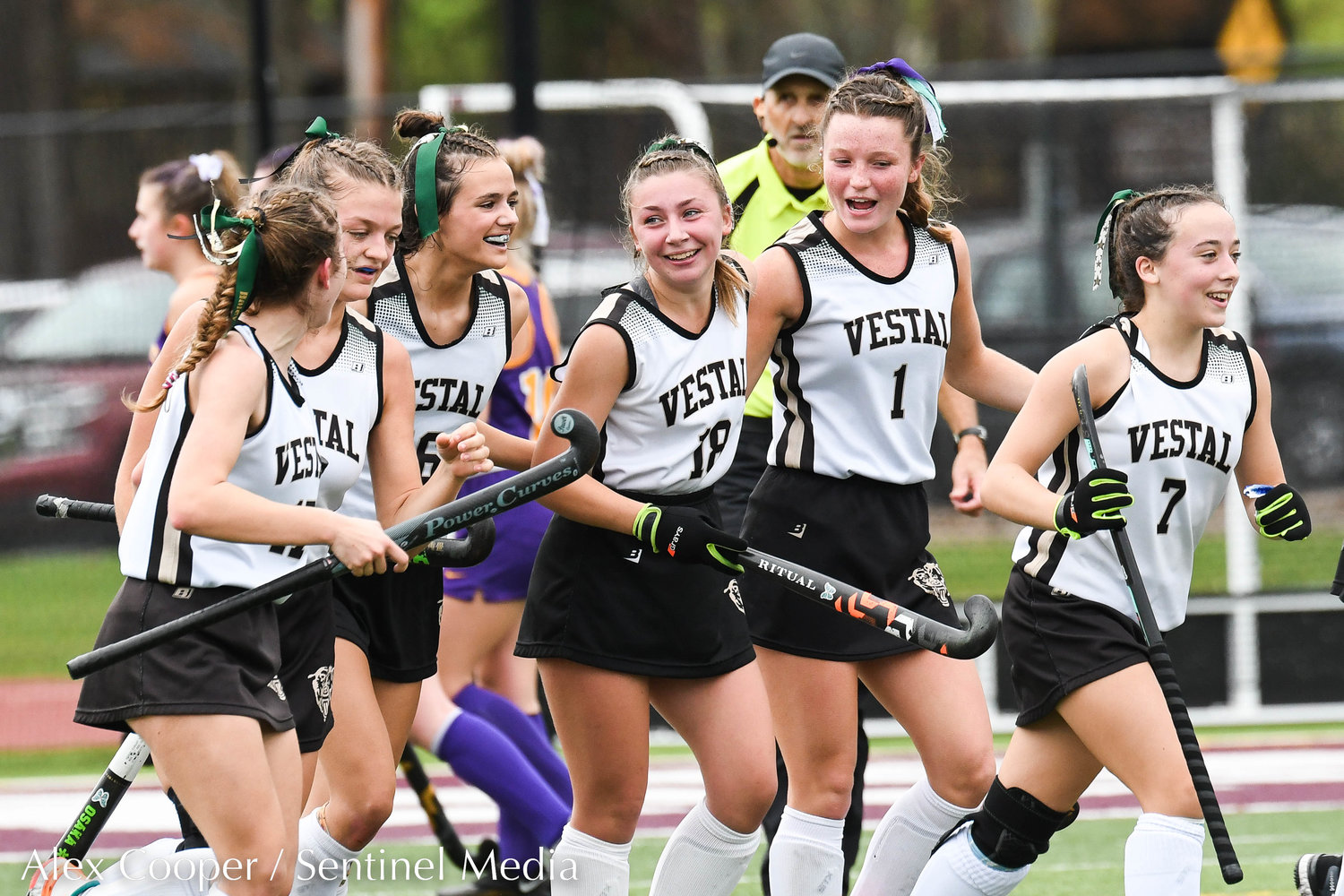 Vestal players celebrate after scoring a goal during the Class B field hockey state regional against Holland Patent on Saturday at Sidney High School.