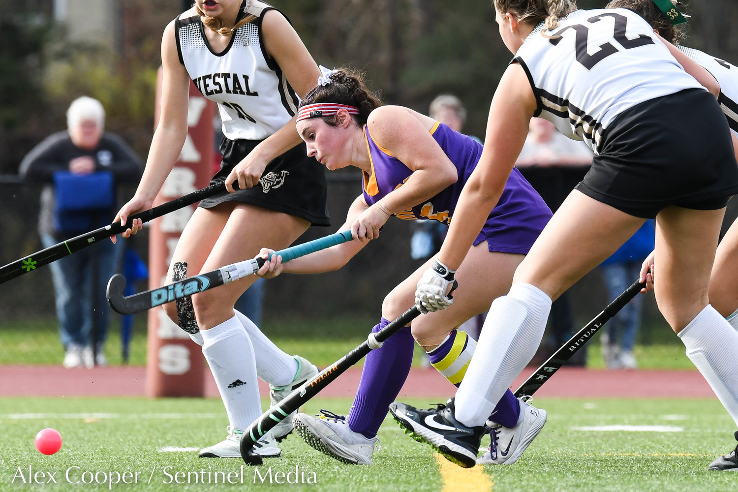 Holland Patent player Madison Oliver shoots the ball toward the goal during the Class B field hockey state regional against Vestal on Saturday at Sidney High School.