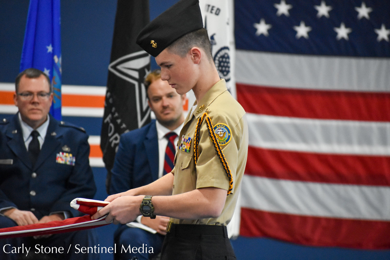 Members of the Notre Dame NJROTC (Navy Junior Reserve Officer Training Corps) participated in a flag folding ceremony during the 8th Annual Flags for Heroes Recognition Ceremony on November 5, 2022 at the Parkway Center.