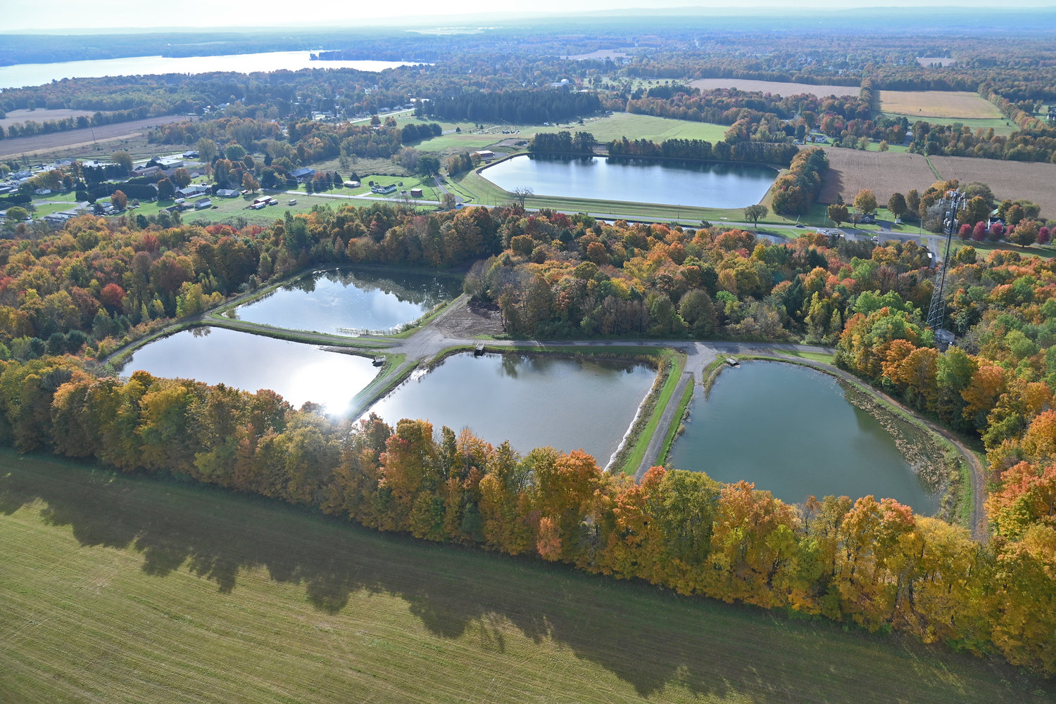 Reservoirs in the town of Lee that supply water for the City of Rome’s water system are shown in this aerial photo. Rome Lee Center-Taberg Road splits the main pools, with one pool mostly obscured by the foliage. Behind the two pools which can be seen from the road are four additional pools, not visible from the roadway.