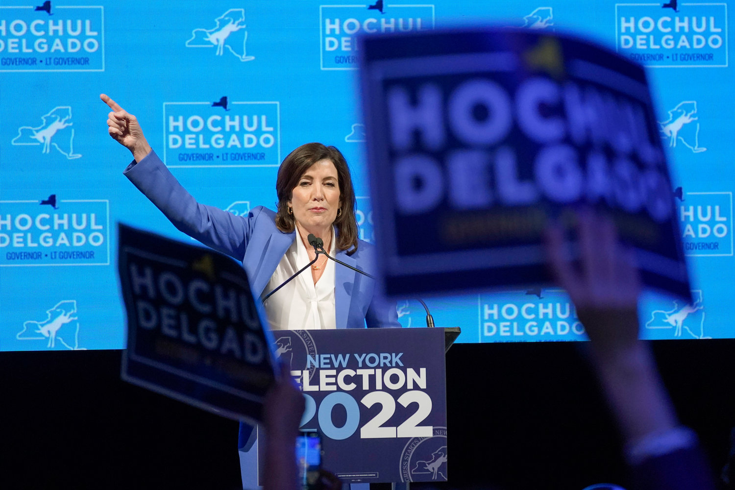 New York Gov. Kathy Hochul speaks to supporters during her election night party, Tuesday, Nov. 8, 2022, in New York. (AP Photo/Mary Altaffer)