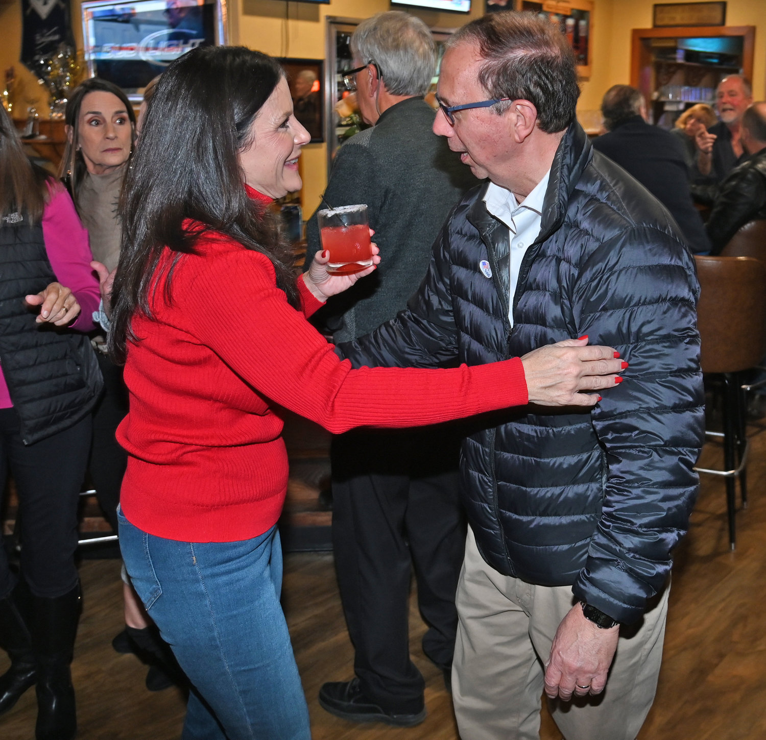 Mary Finegan talks with State Senator Joe Griffo at her viewing party at Route 69 Steakhouse in Whitesboro Tuesday, November 8, 2022.