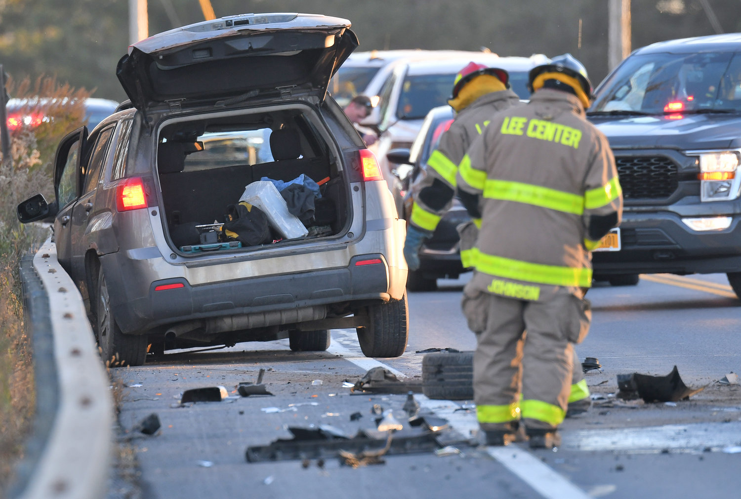 One of the cars involved in a head-on collision on Turin Road Thursday afternoon. Both drivers were transported to hospitals. Lee Center Fire Department, Oneida County Sheriff, AmCare and State Troopers were on the scene. Turin Road was shut down from Cemetery Road to Stokes-Westernville Road intersection.