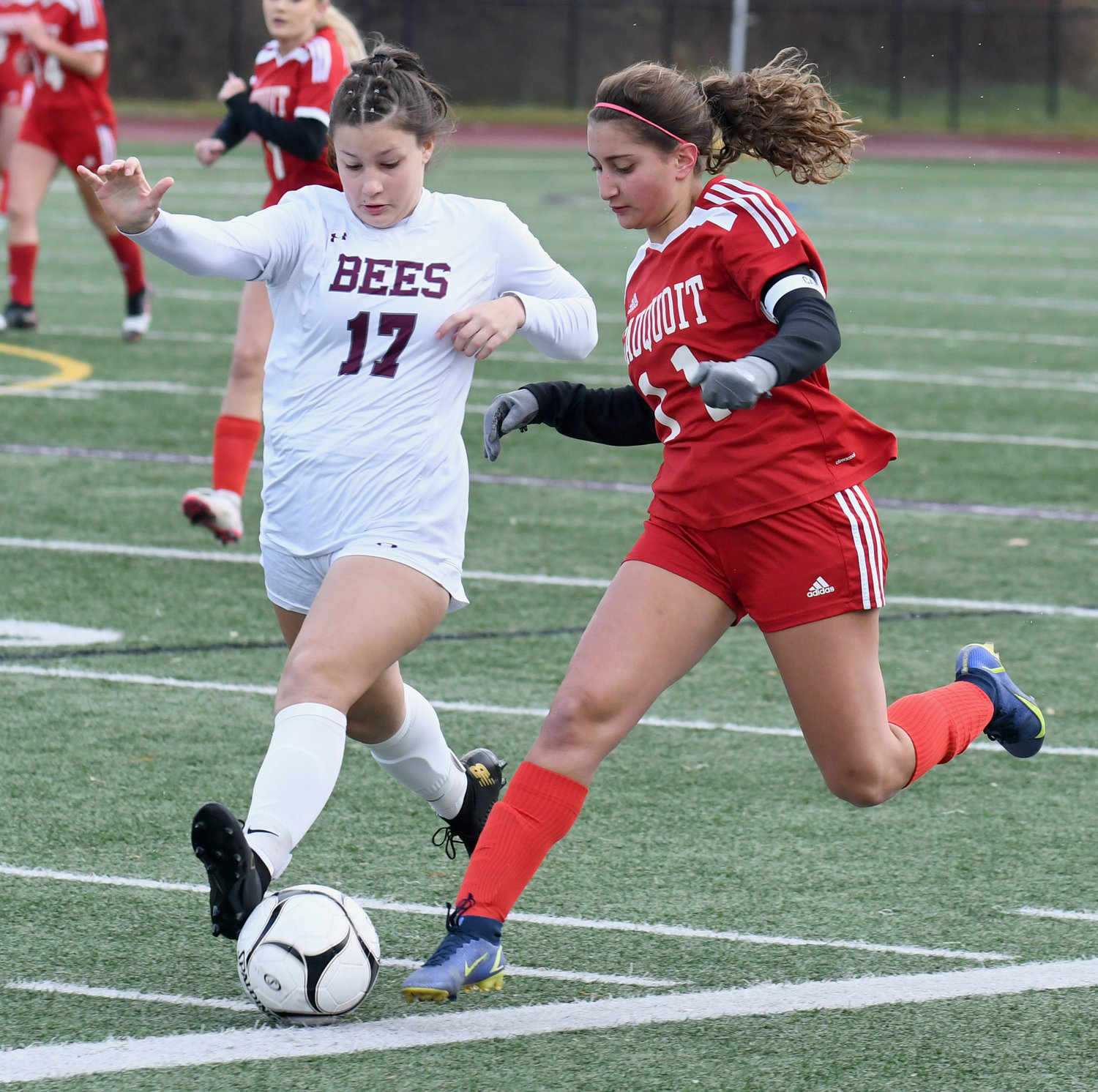 Sauquoit Valley forward Olivia Kalil, right, and Byron-Bergen's Megan Jarkiewicz both make a play for the ball Saturday at Cortland High School in the semifinals of the Class C state playoffs. Kalil scored the game's first goal and Sauquoit won 2-1 to advance to the finals on Sunday.
