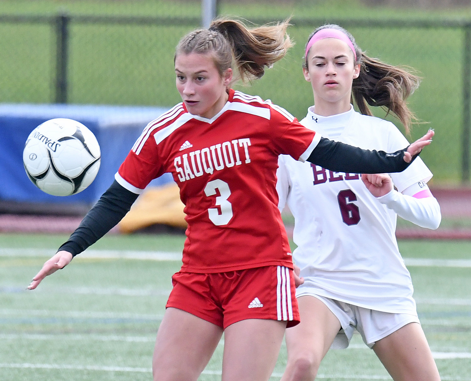 Sauquoit Valley's Kirsten Shepherd, left, settles the ball and shields Byron-Bergen's Mackenzie Hagen in the Class C state semifinals Saturday at Cortland High School. Sauquoit scored first and last in a 2-1 win to advance to Sunday's title game.