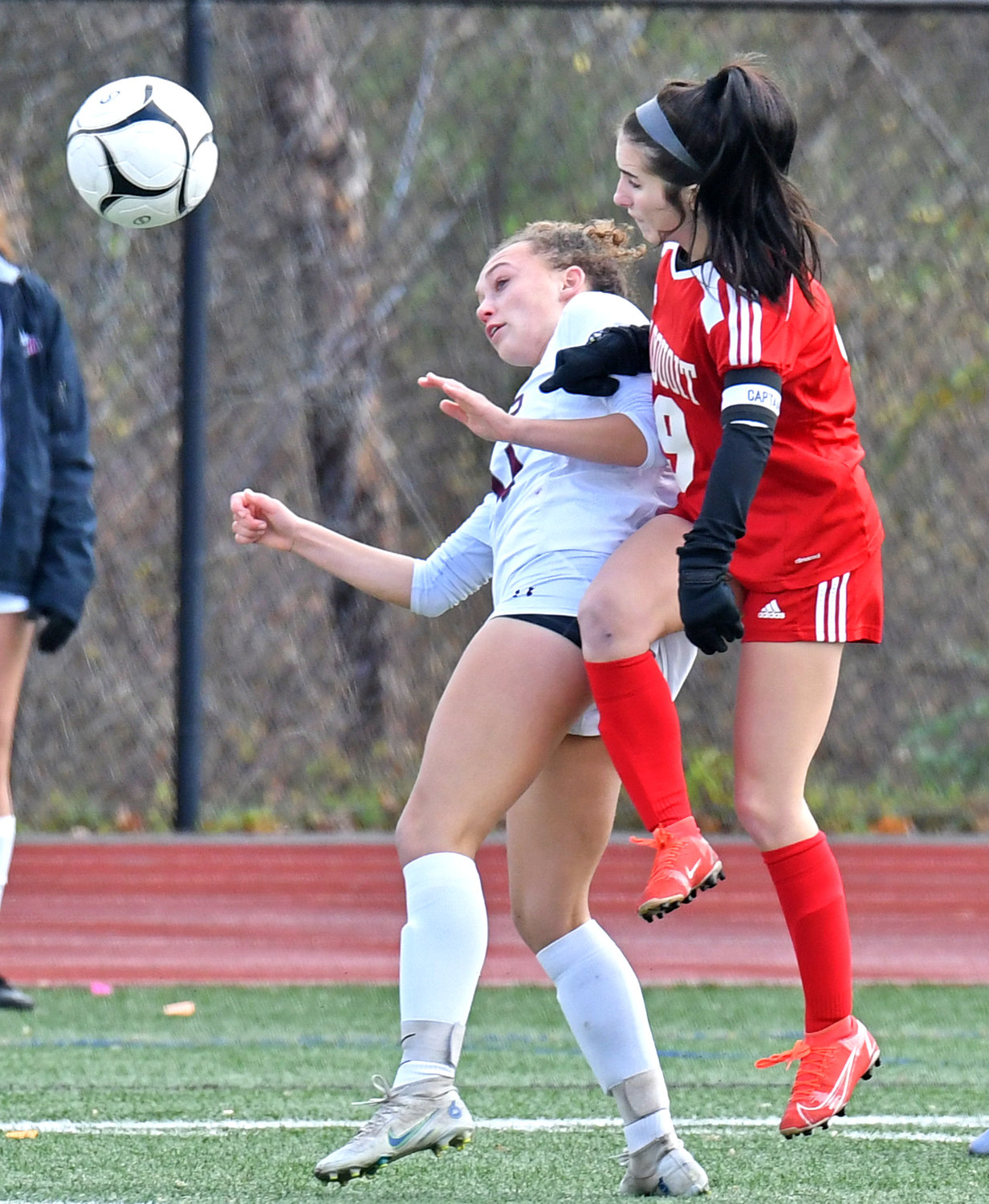 Sauquoit Valley's Celena Sperbeck, right, and Byron-Bergen's Emma Starowitz fight for position on the ball in the first half of the Class C state semifinals game Saturday at Cortland High School. Starowitz scored but Sauquoit won 2-1.